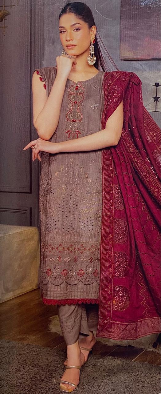 Alif Vol-90|Airjet peach wool fancy embroidered shirt with coloured dupatta