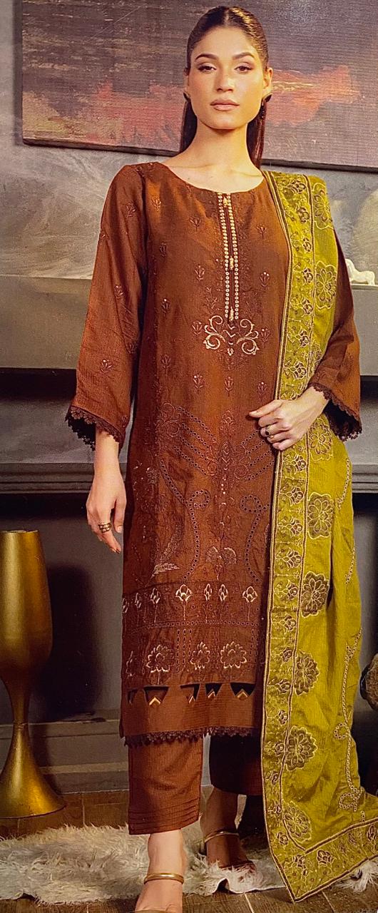 Alif Vol-90|Airjet peach wool fancy embroidered shirt with coloured dupatta