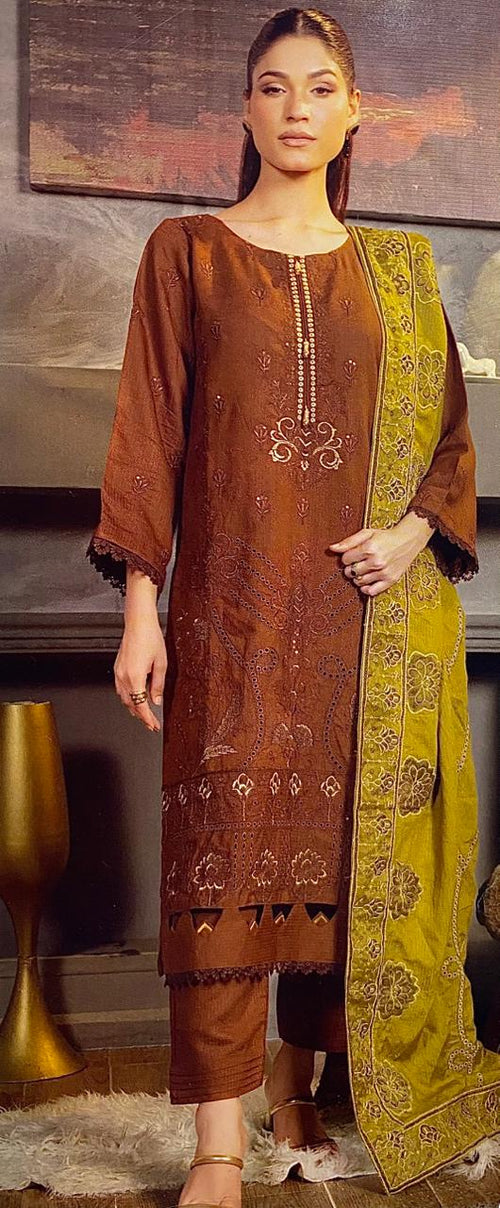 Alif Vol-90|Airjet peach wool fancy embroidered shirt with coloured dupatta