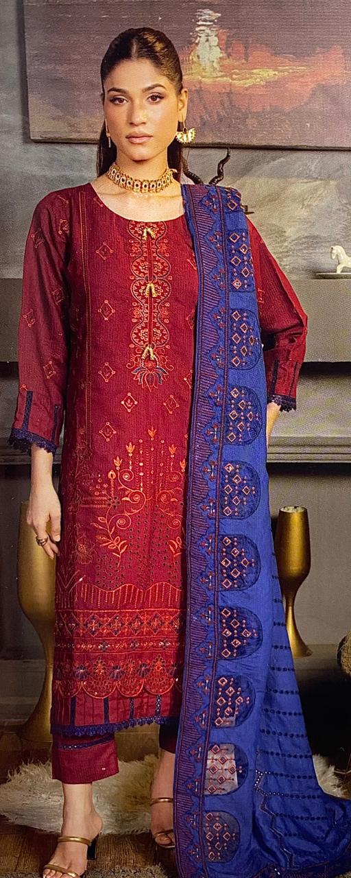 Alif Vol-90|Airjet peach wool fancy embroidered shirt with coloured dupatta