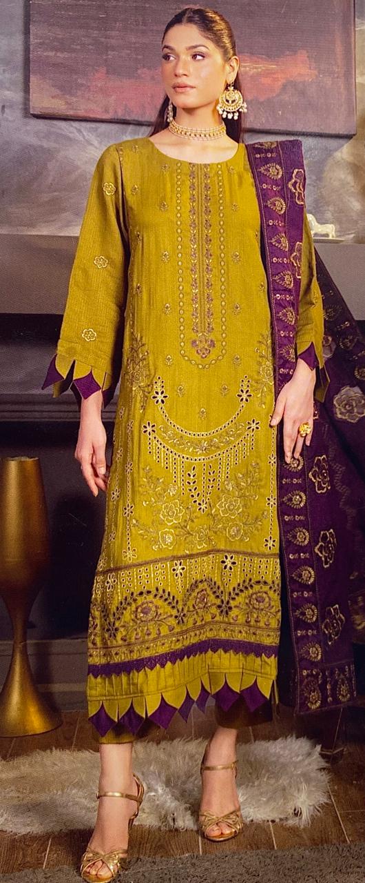 Alif Vol-90|Airjet peach wool fancy embroidered shirt with coloured dupatta